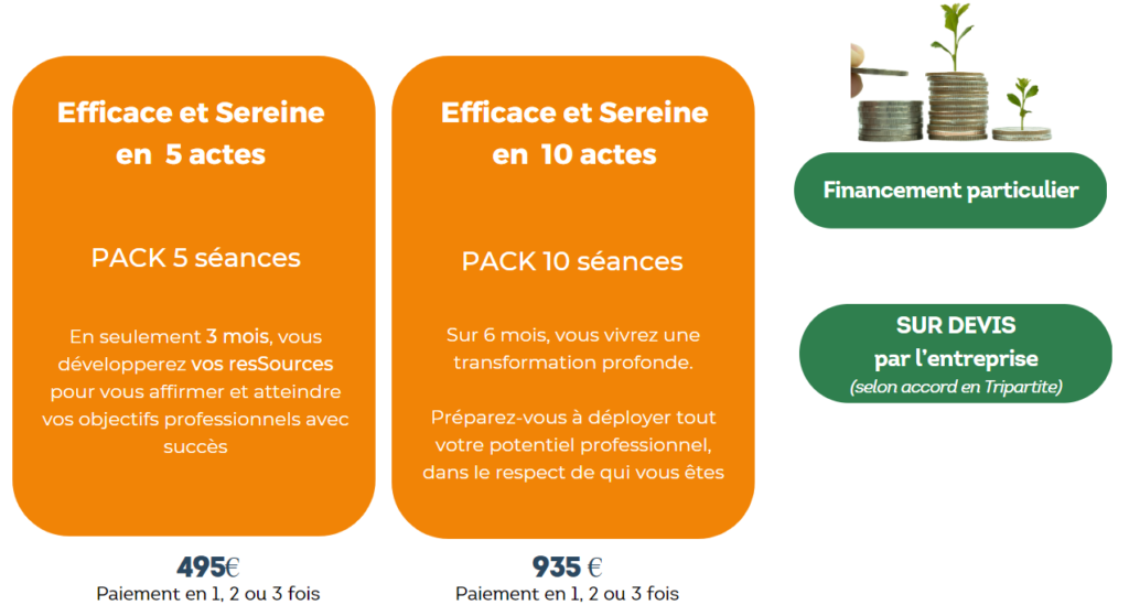 Les offres ResSources & Coach :  Efficace et Sereine en 5 ou 10 actes - Financement particulier ou sur devis par l'entreprise